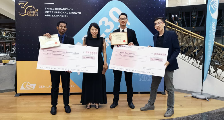 The winning students, Chandraguna Bandaralage Bertholameuz Dinidu Thejana Perera (left), Timothy Chow Tian Le (second from right), Khoo Wen Sheong (right) celebrated their success with one of their mentors, Christine Lim Pei Shin (second from left).