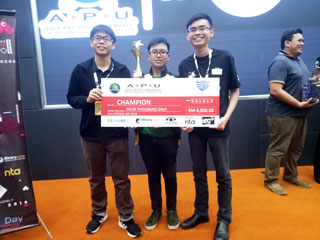 The winning team from TAR UC at the APU Battle of Hackers 2019 competition, comprising (from left) Chuah Seong Rong, Wong Yik Han and Cheow Jia Jian