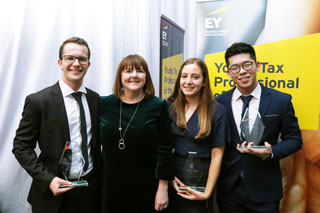(Left to right): Daniel Lewis (EY YTPY 2018 2 nd  runner-up) from South Africa; Susan Pitter, EY Young Tax Professional of the Year sponsor and EY Deputy Global Vice Chair – Tax, Samantha Schwarz (EY YTPY 2018 winner) from Australia; and Carlos Wong Fook Chin (EY YTPY 2018 1 st  runner-up) from Malaysia.